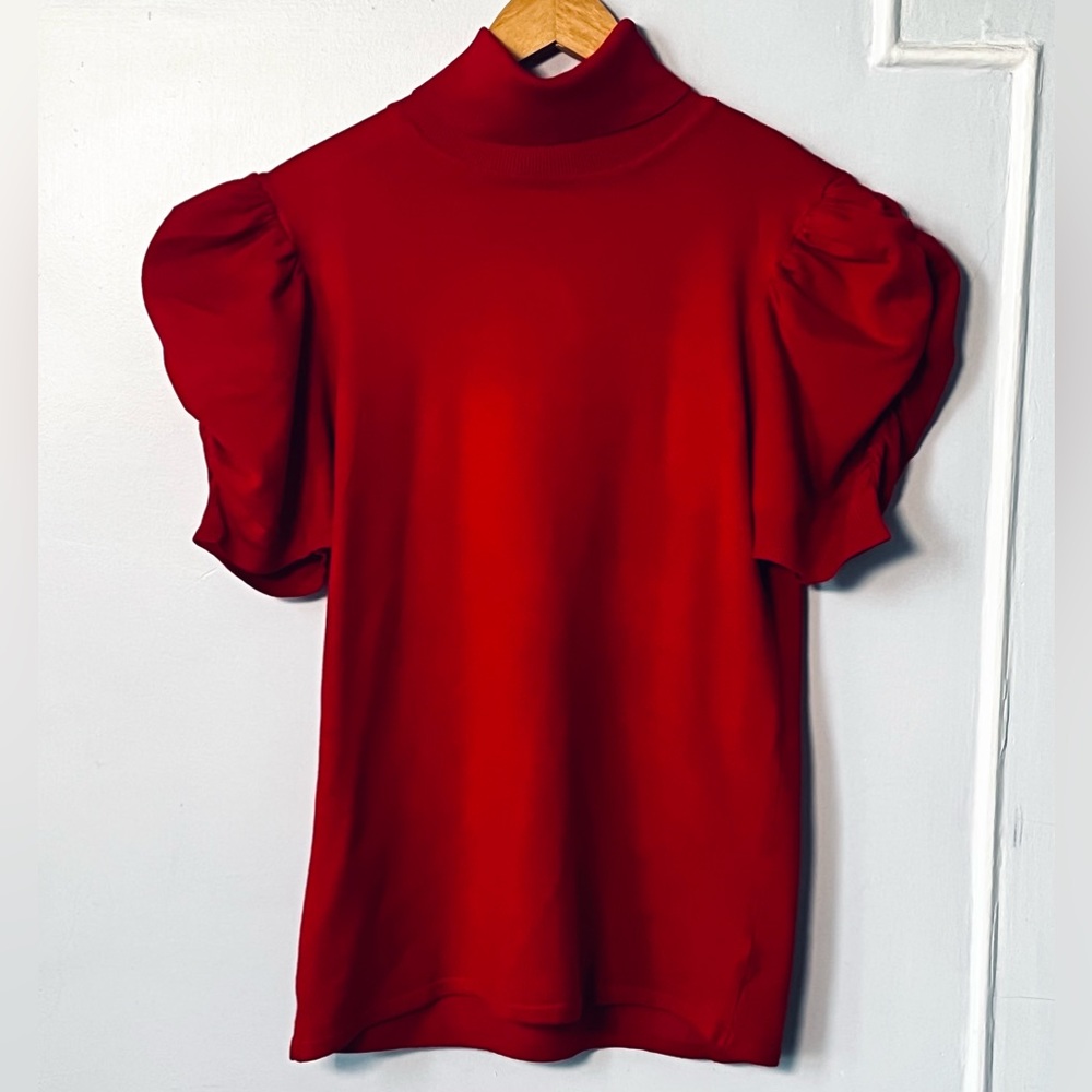 Elegant Red Puff-Sleeve Turtleneck Sweater